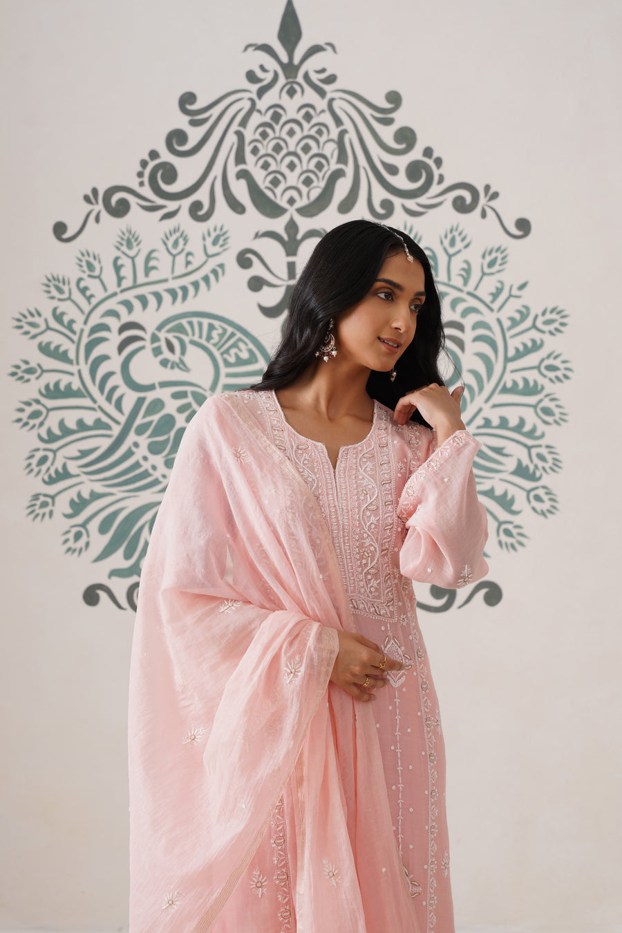 Chikankari Mul Chanderi 3pc Suit - Peaches Pink