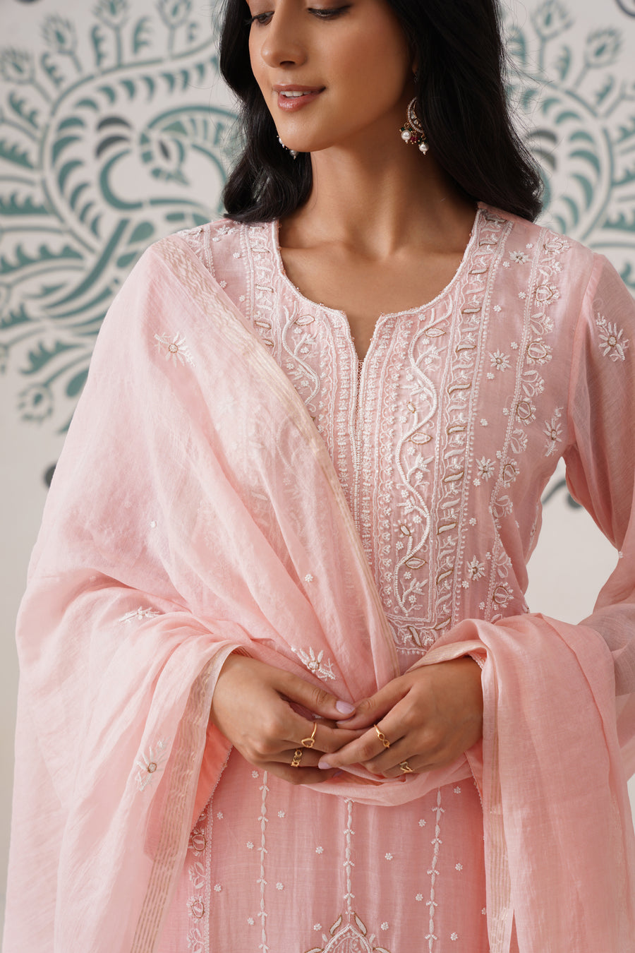 Chikankari Mul Chanderi 3pc Suit - Peaches Pink