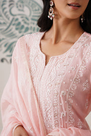 Chikankari Mul Chanderi 3pc Suit - Peaches Pink