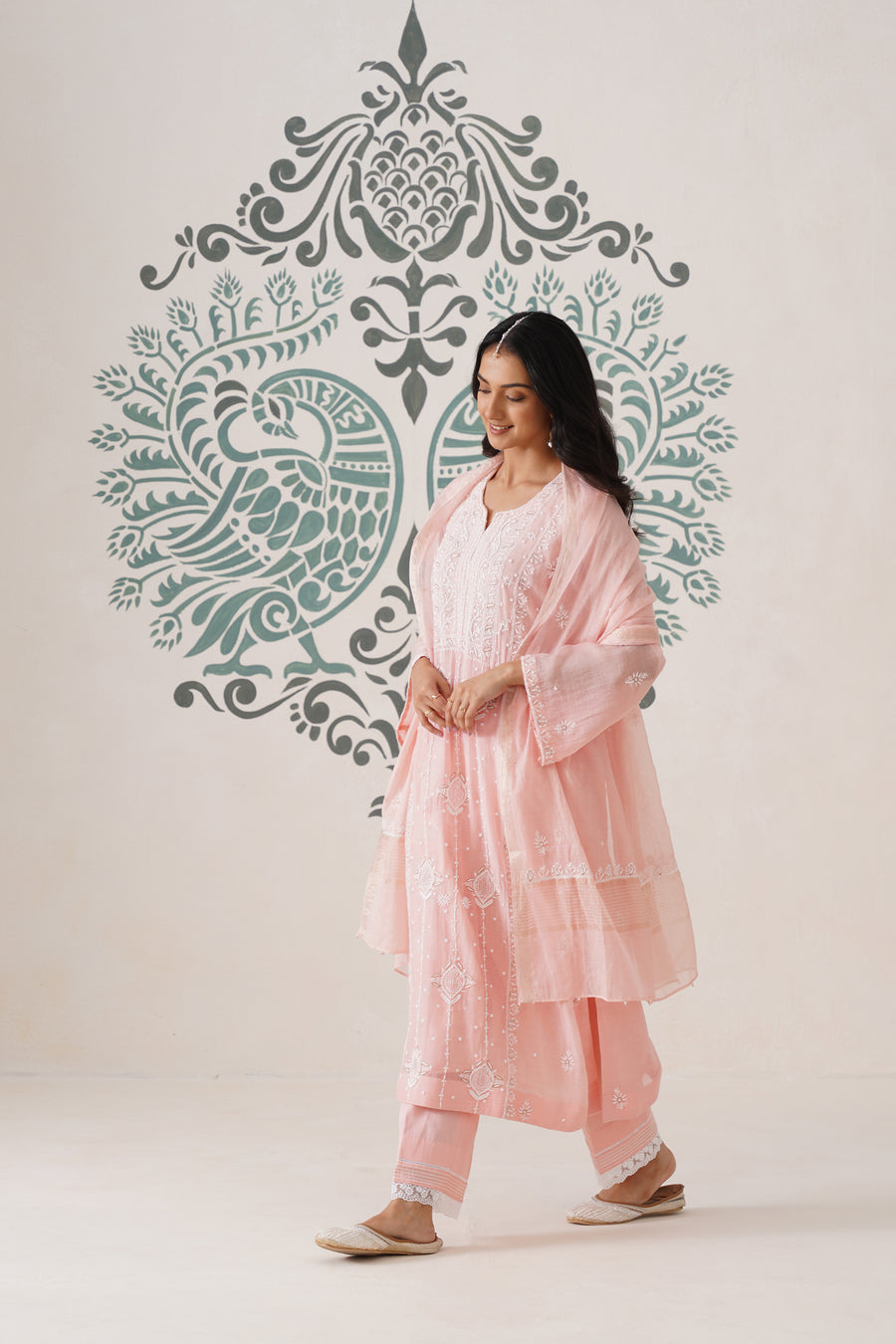 Chikankari Mul Chanderi 3pc Suit - Peaches Pink