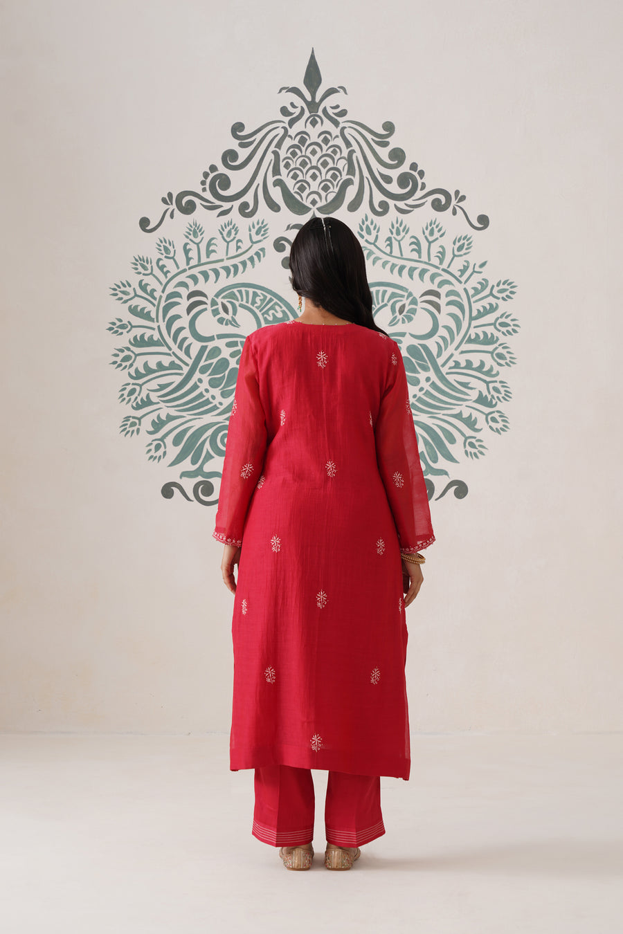 Chikankari Mul Chanderi 3pc Suit - Carmine Red
