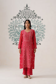 Chikankari Mul Chanderi 3pc Suit - Carmine Red