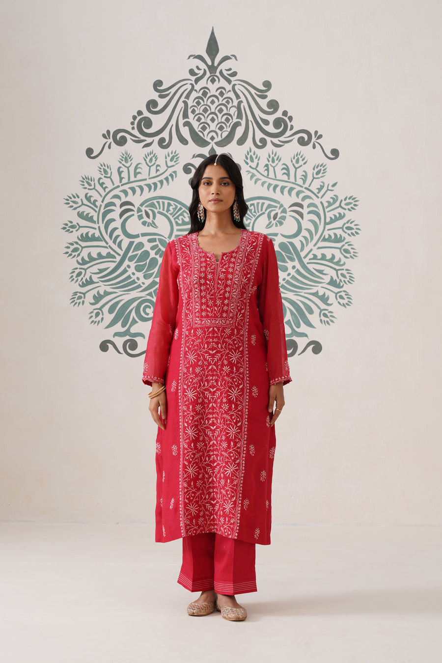 Chikankari Mul Chanderi 3pc Suit - Carmine Red