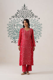 Chikankari Mul Chanderi 3pc Suit - Carmine Red