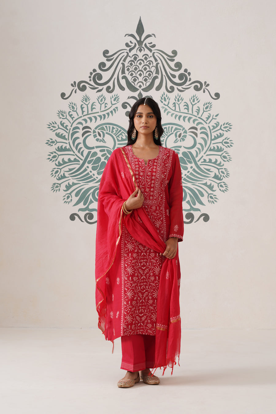 Chikankari Mul Chanderi 3pc Suit - Carmine Red