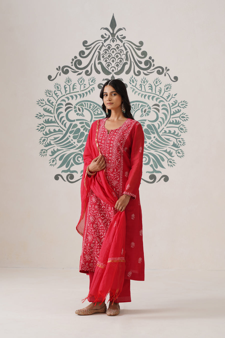 Chikankari Mul Chanderi 3pc Suit - Carmine Red