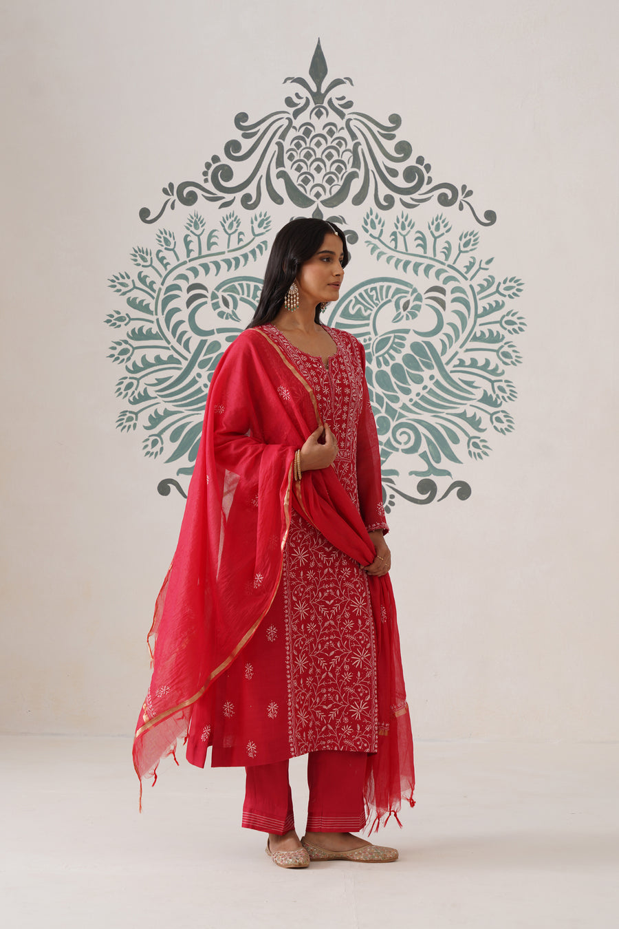Chikankari Mul Chanderi 3pc Suit - Carmine Red