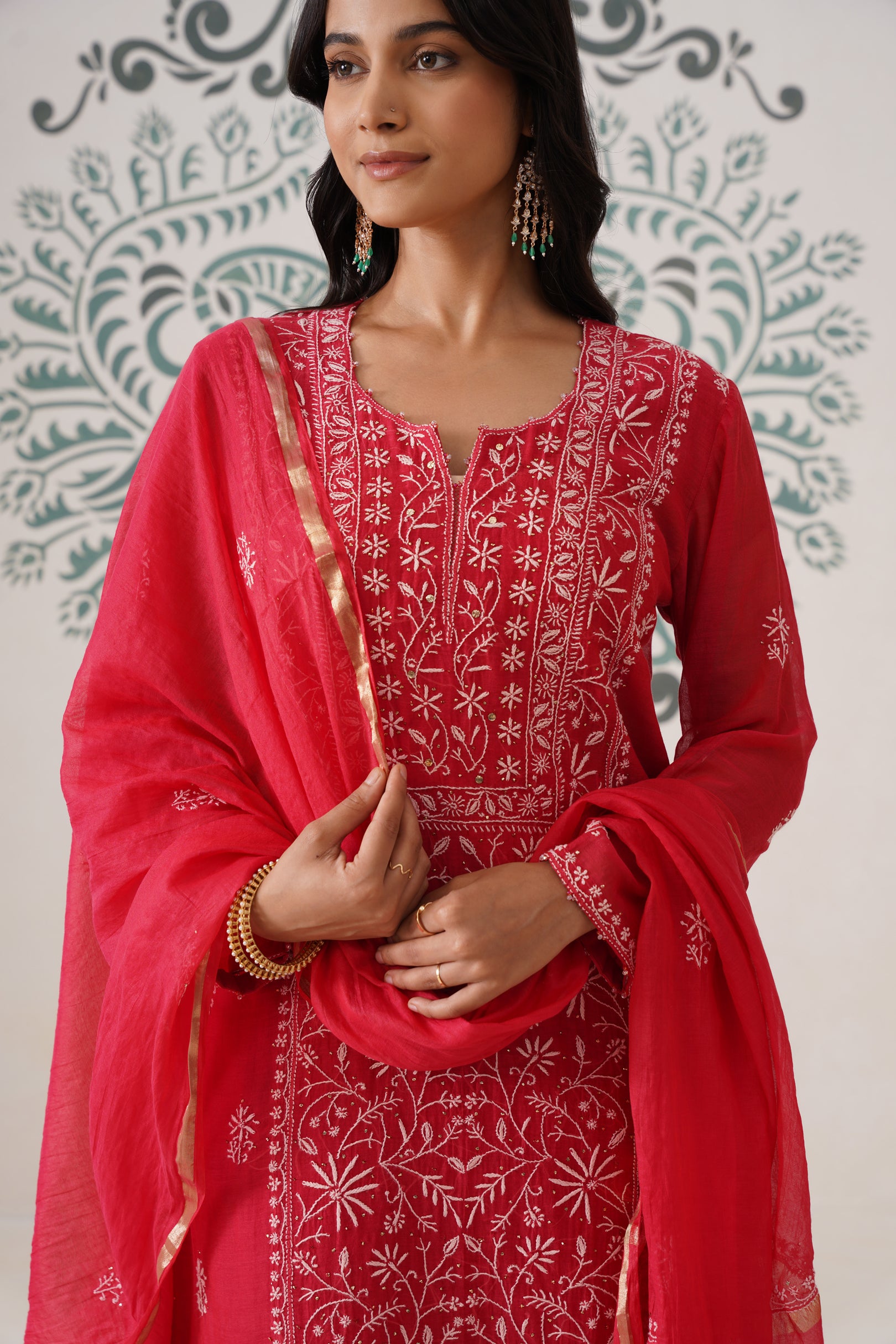 Chikankari Mul Chanderi 3pc Suit - Carmine Red