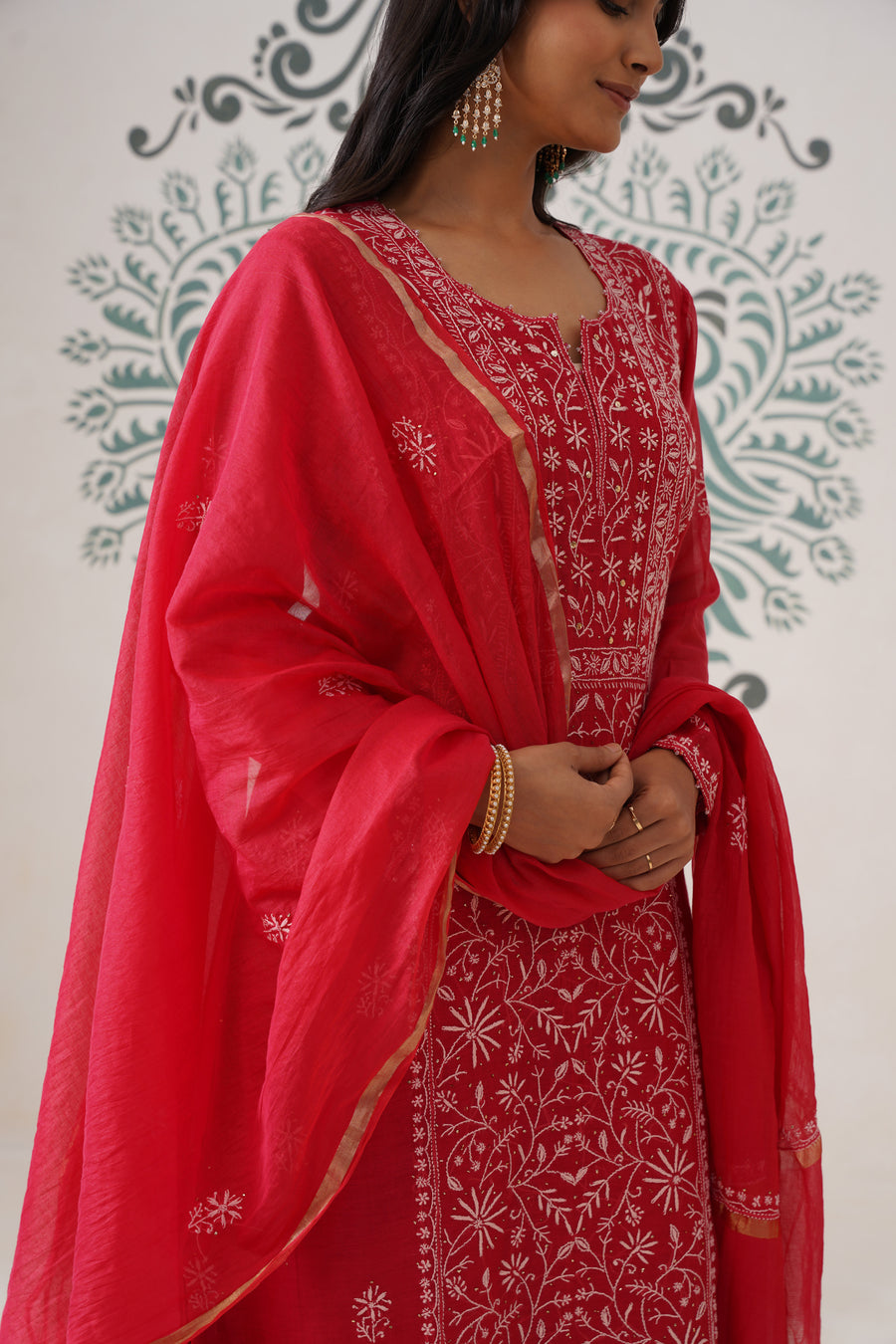 Chikankari Mul Chanderi 3pc Suit - Carmine Red