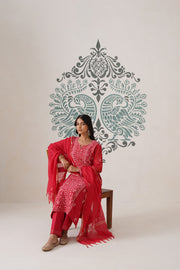 Chikankari Mul Chanderi 3pc Suit - Carmine Red