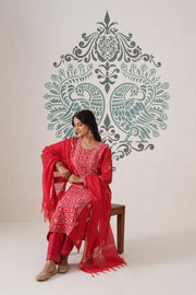 Chikankari Mul Chanderi 3pc Suit - Carmine Red