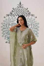 Chikankari Mul Chanderi Kaftan - Basil Green