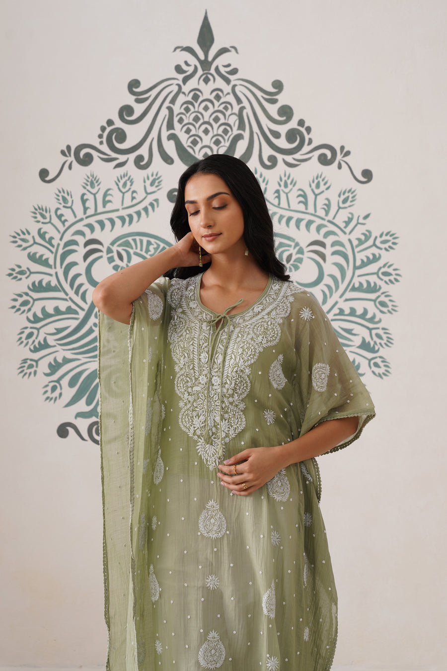 Chikankari Mul Chanderi Kaftan - Basil Green