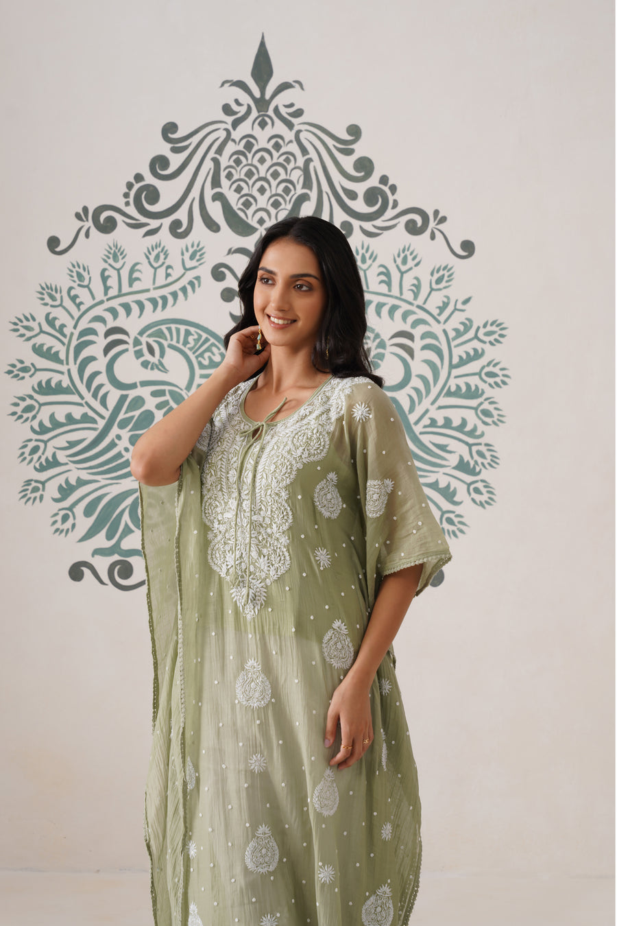 Chikankari Mul Chanderi Kaftan - Basil Green