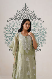 Chikankari Mul Chanderi Kaftan - Basil Green