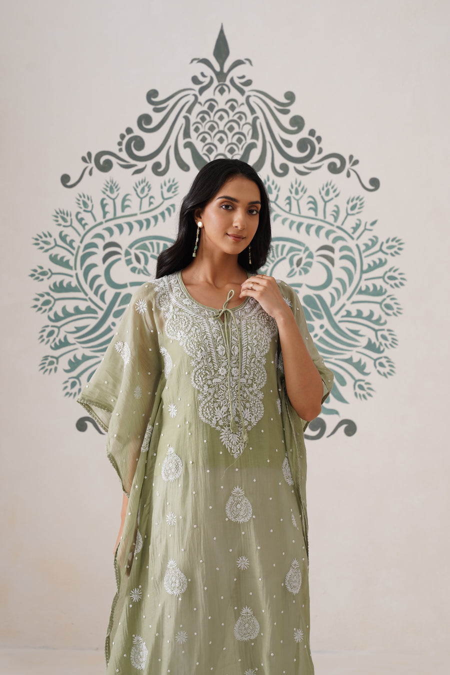 Chikankari Mul Chanderi Kaftan - Basil Green