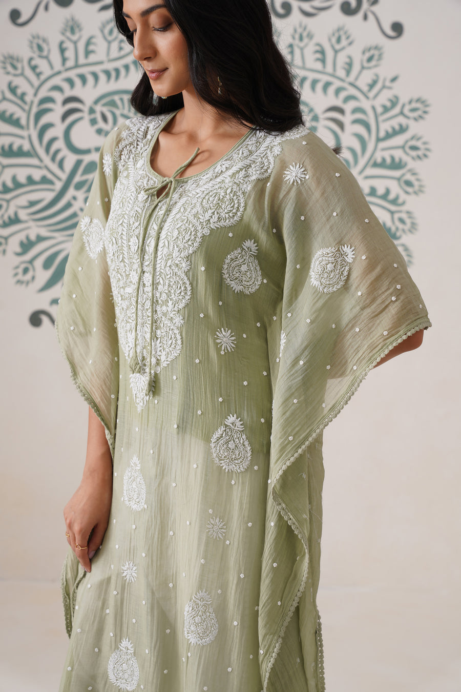 Chikankari Mul Chanderi Kaftan - Basil Green