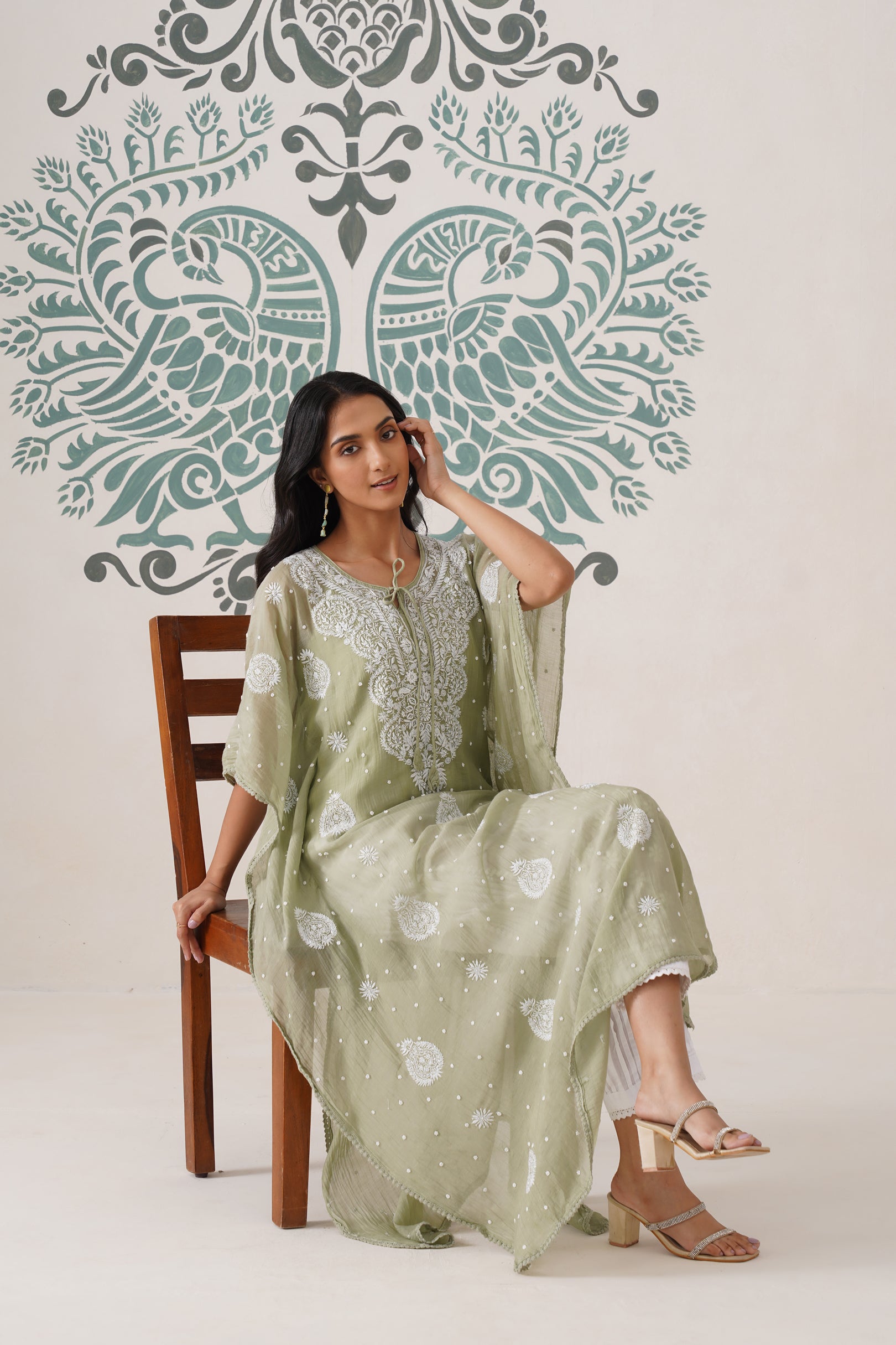 Chikankari Mul Chanderi Kaftan - Basil Green