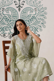 Chikankari Mul Chanderi Kaftan - Basil Green