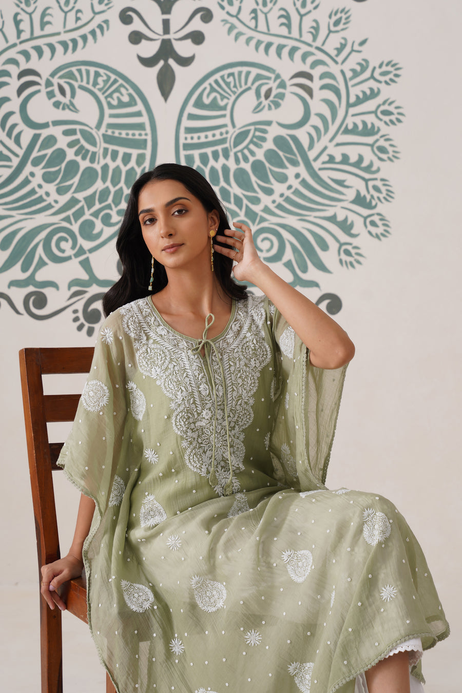 Chikankari Mul Chanderi Kaftan - Basil Green