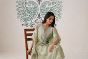 Chikankari Mul Chanderi Kaftan - Basil Green