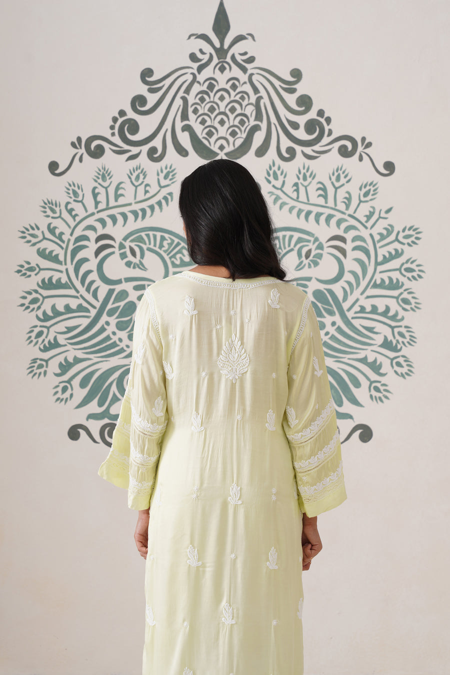 Modal Chikankari Long Kurti - Soft Yellow