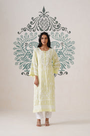 Modal Chikankari Long Kurti - Soft Yellow
