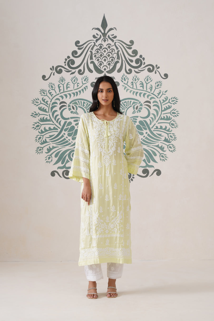 Modal Chikankari Long Kurti - Soft Yellow