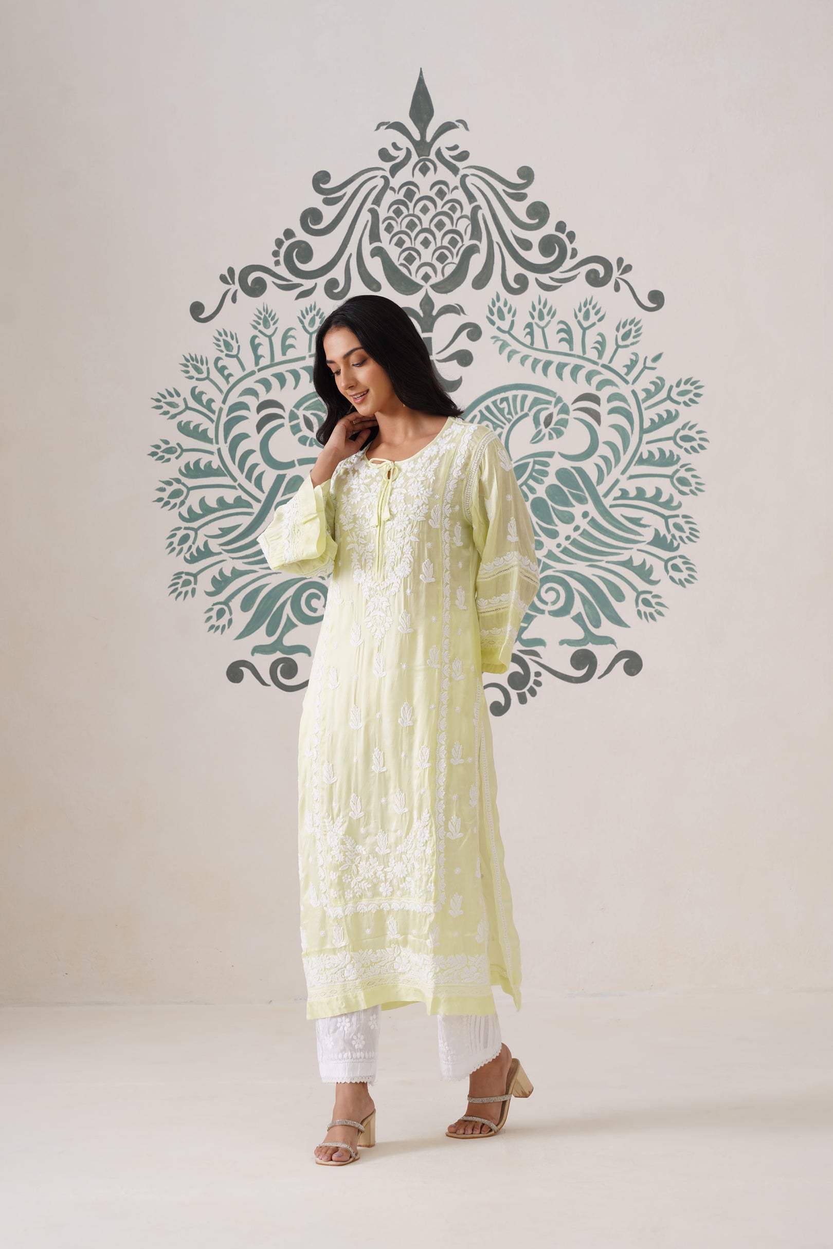 Modal Chikankari Long Kurti - Soft Yellow