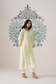 Modal Chikankari Long Kurti - Soft Yellow