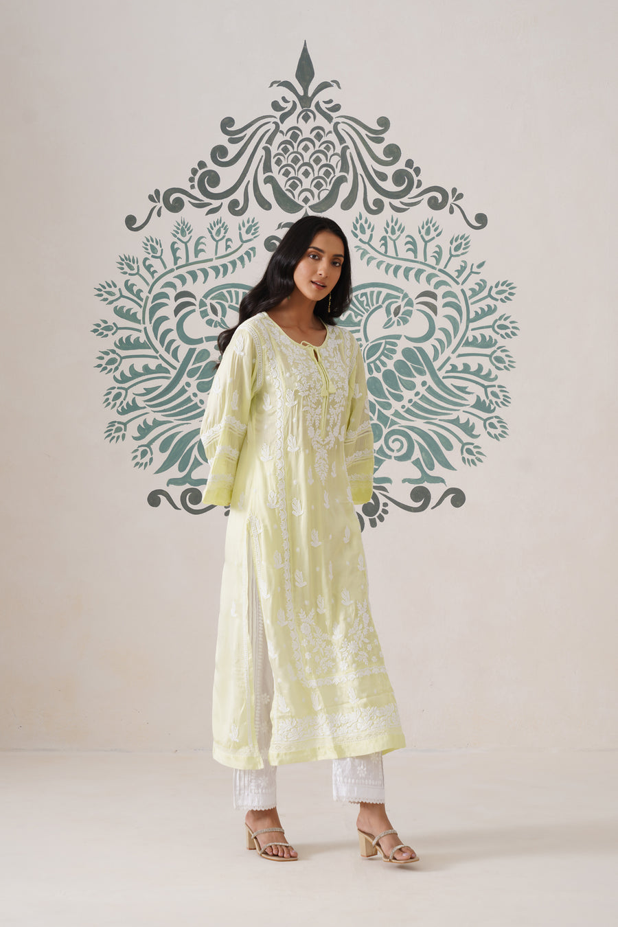 Modal Chikankari Long Kurti - Soft Yellow