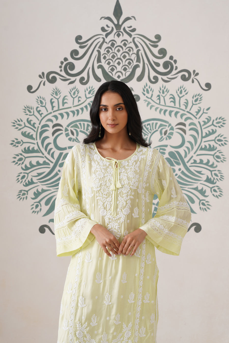 Modal Chikankari Long Kurti - Soft Yellow