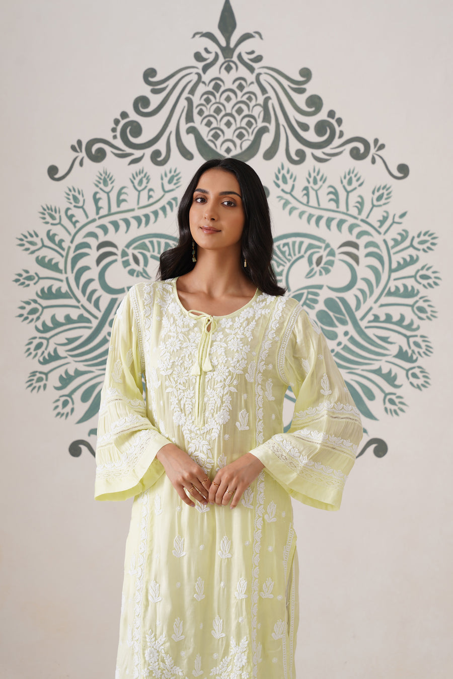 Modal Chikankari Long Kurti - Soft Yellow