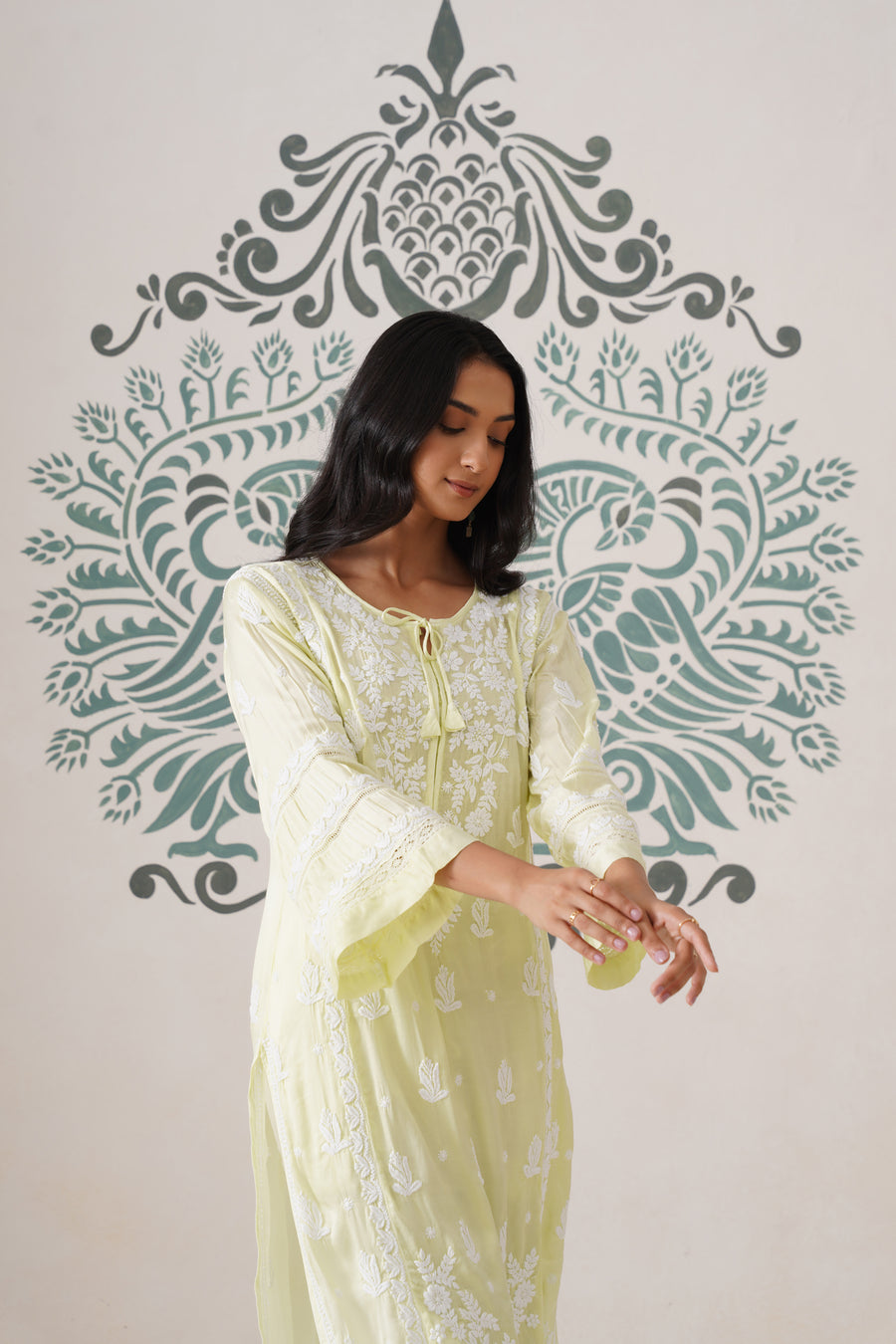 Modal Chikankari Long Kurti - Soft Yellow