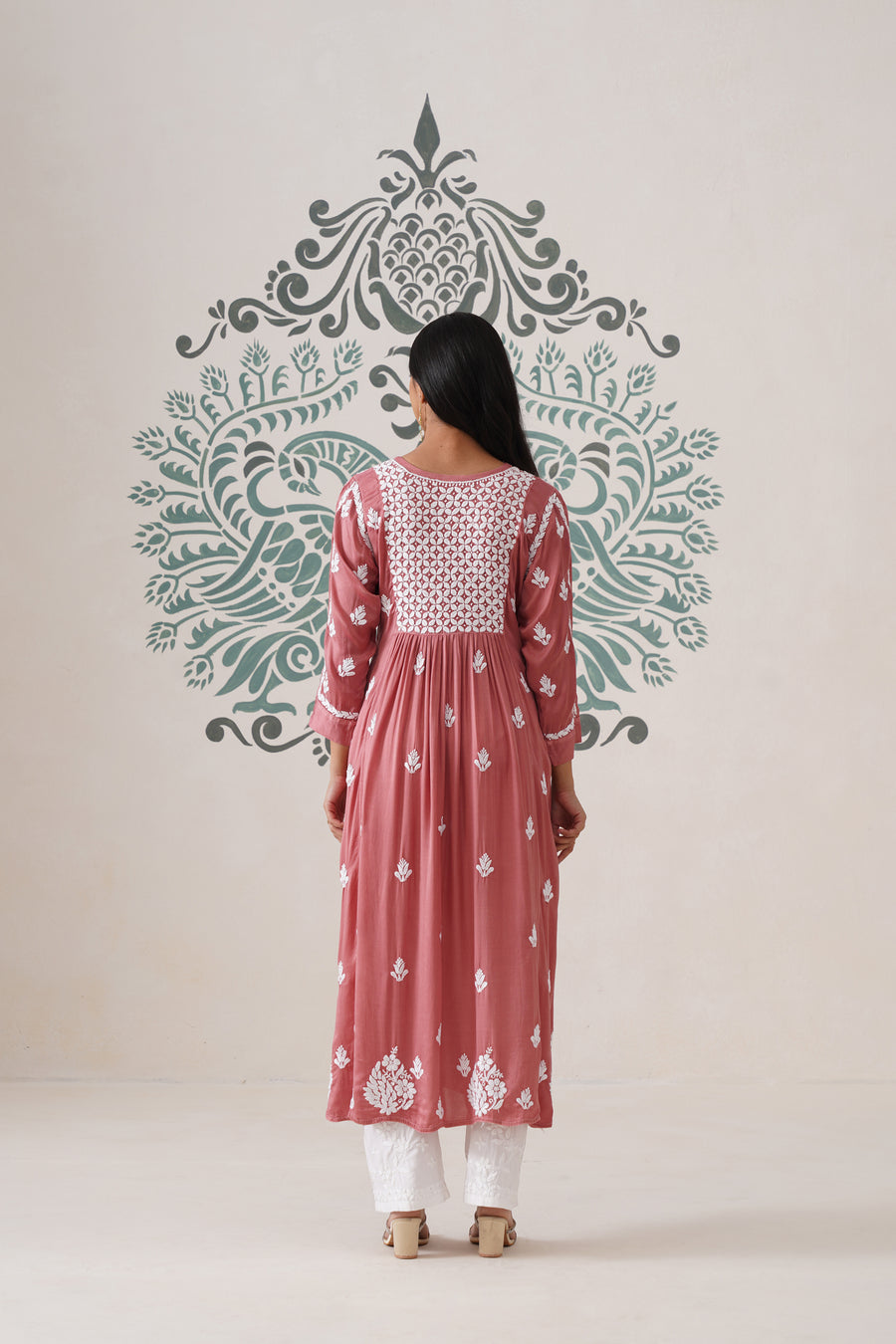 Modal Chikankari A-Line Long kurti - Dusty pink