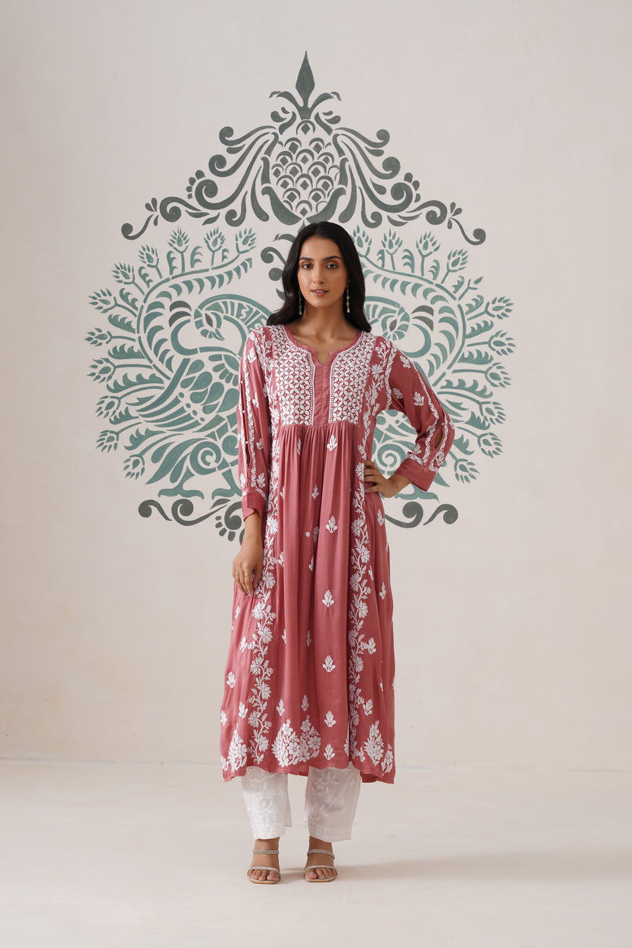 Modal Chikankari A-Line Long kurti - Dusty pink