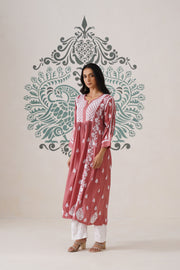 Modal Chikankari A-Line Long kurti - Dusty pink
