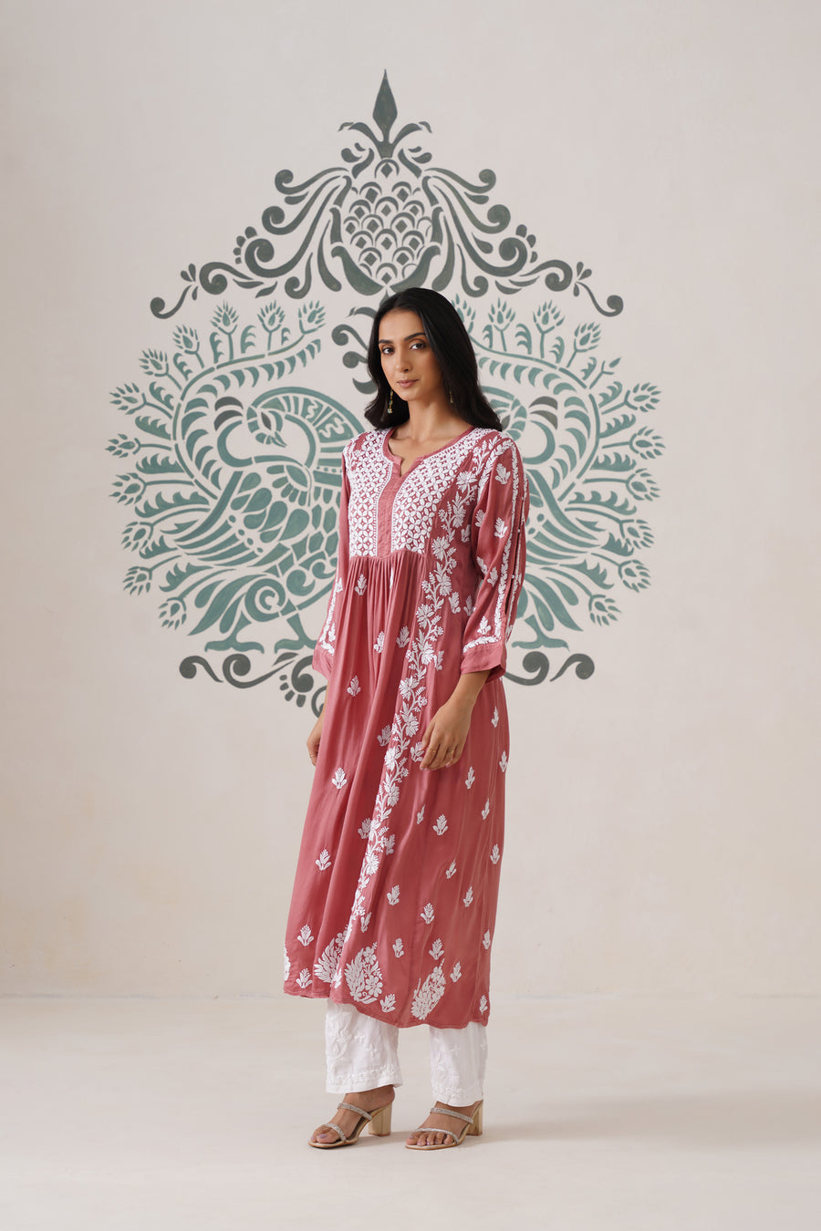 Modal Chikankari A-Line Long kurti - Dusty pink