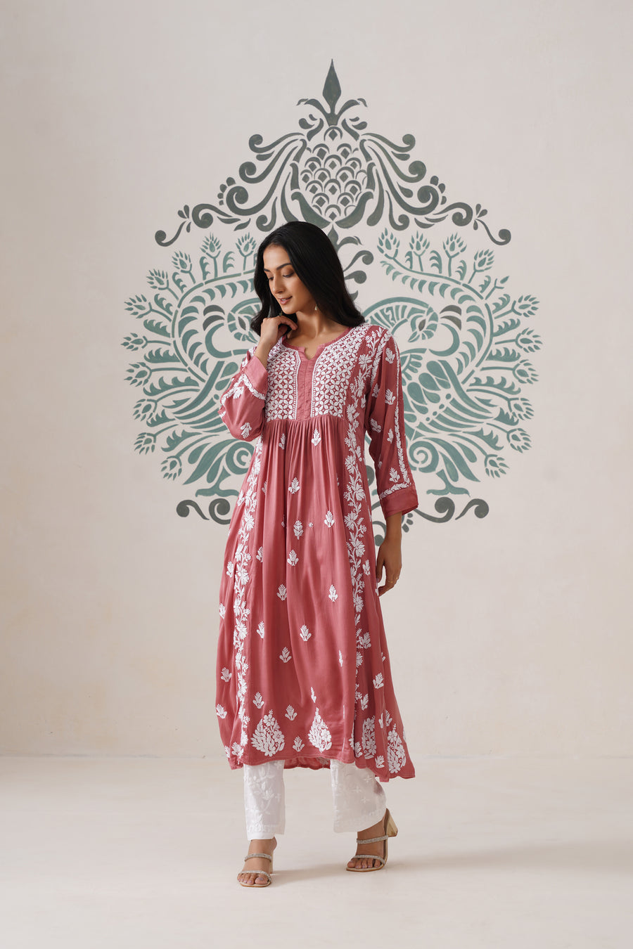 Modal Chikankari A-Line Long kurti - Dusty pink