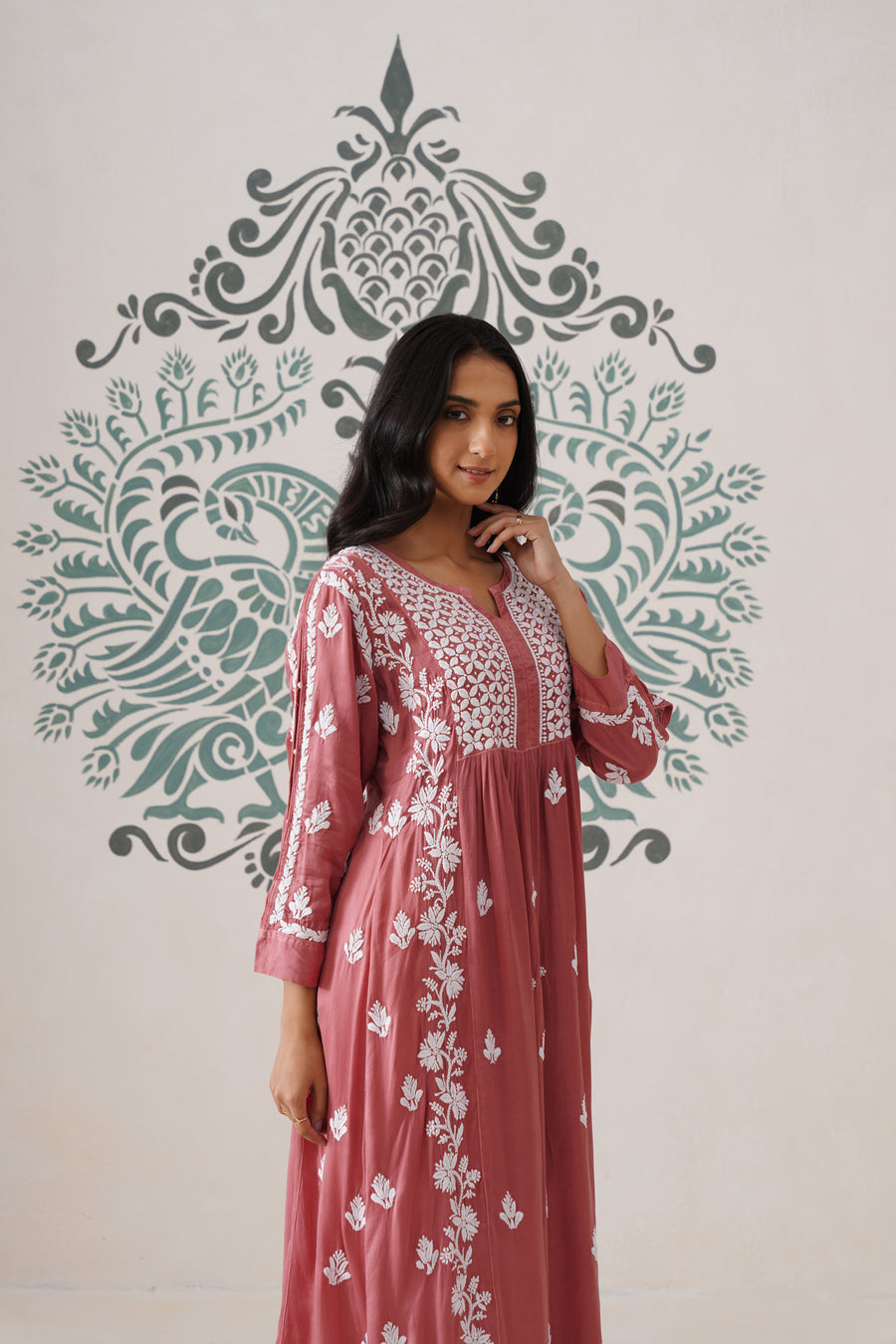 Modal Chikankari A-Line Long kurti - Dusty pink