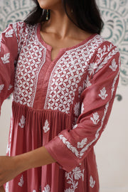 Modal Chikankari A-Line Long kurti - Dusty pink