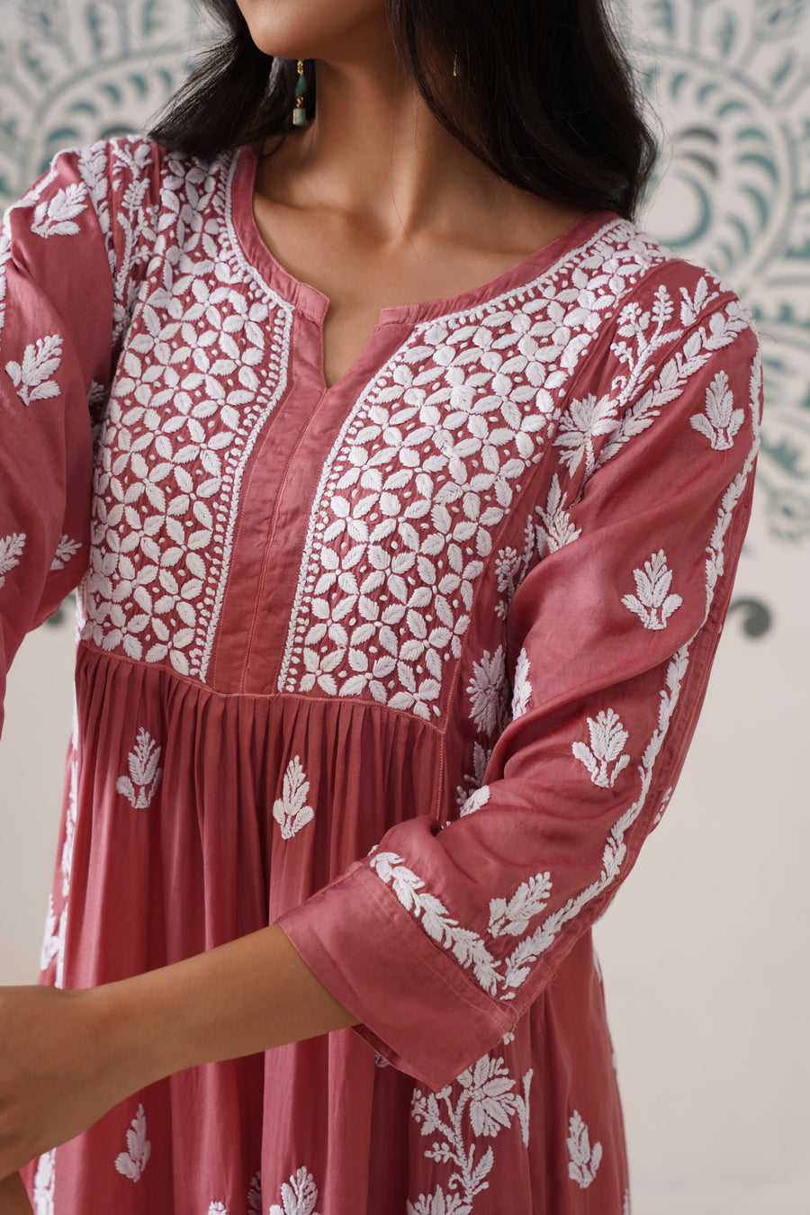 Modal Chikankari A-Line Long kurti - Dusty pink