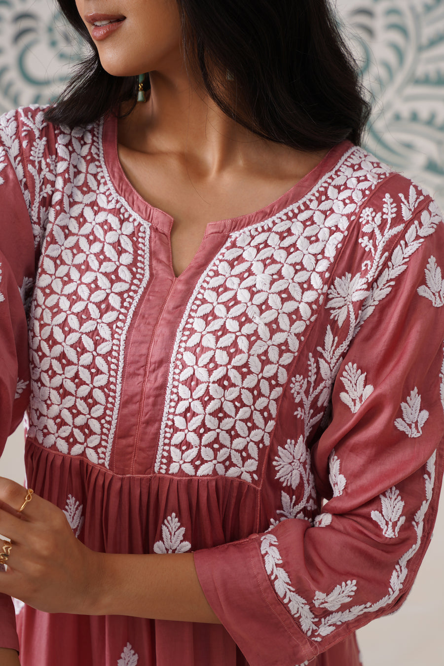 Modal Chikankari A-Line Long kurti - Dusty pink
