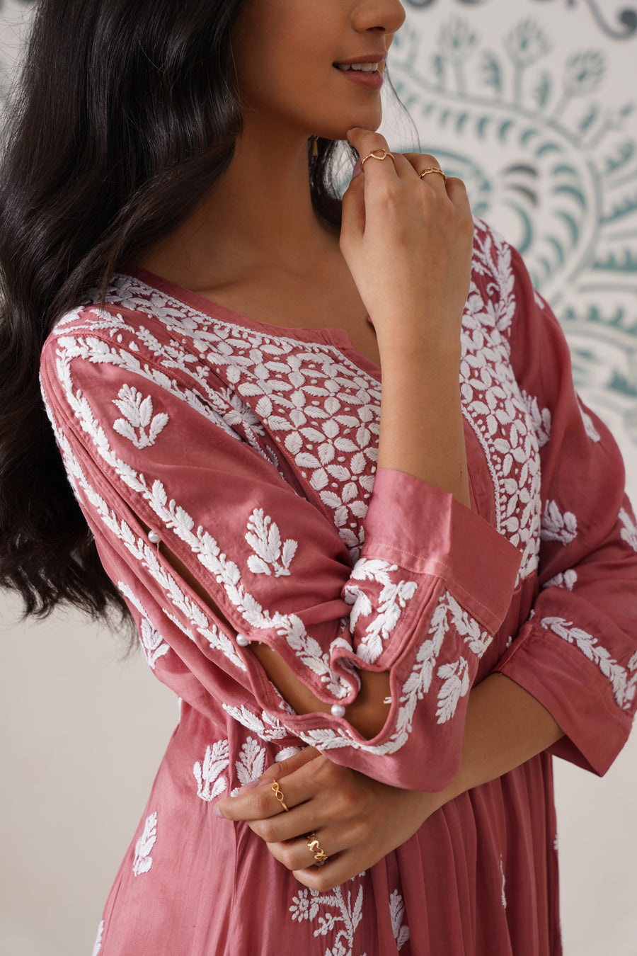 Modal Chikankari A-Line Long kurti - Dusty pink