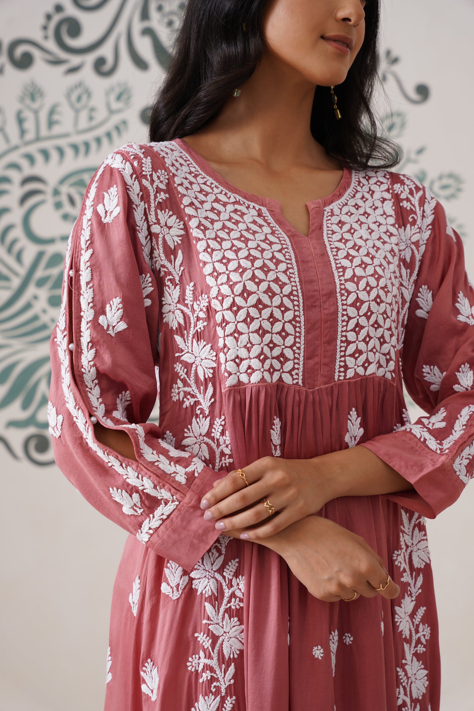 Modal Chikankari A-Line Long kurti - Dusty pink