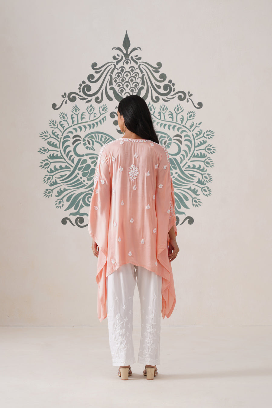 Modal Chikankari Kaftan - Coral Peach