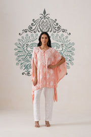 Modal Chikankari Kaftan - Coral Peach