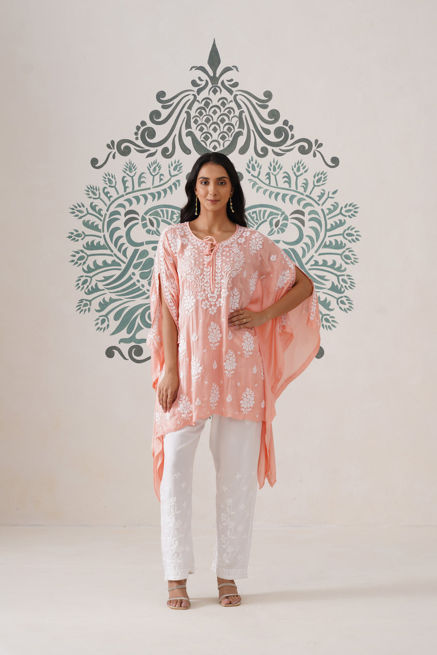 Modal Chikankari Kaftan - Coral Peach