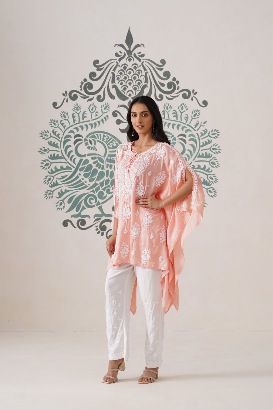 Modal Chikankari Kaftan - Coral Peach