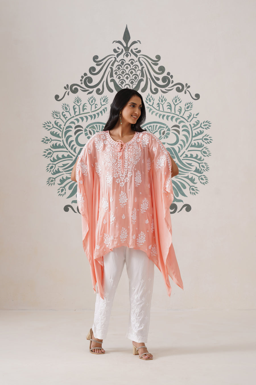 Modal Chikankari Kaftan - Coral Peach